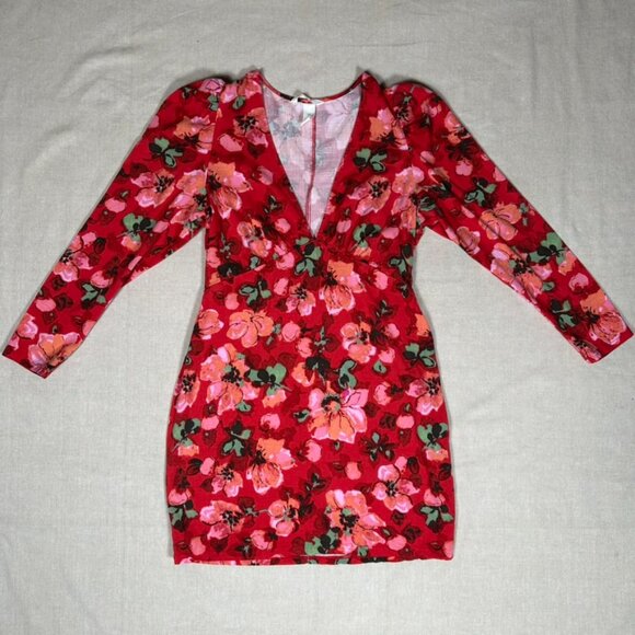 Floral Babydoll Mini Dress Womens M Red Green Puff Sleeves Holiday Christmas - Picture 6 of 8